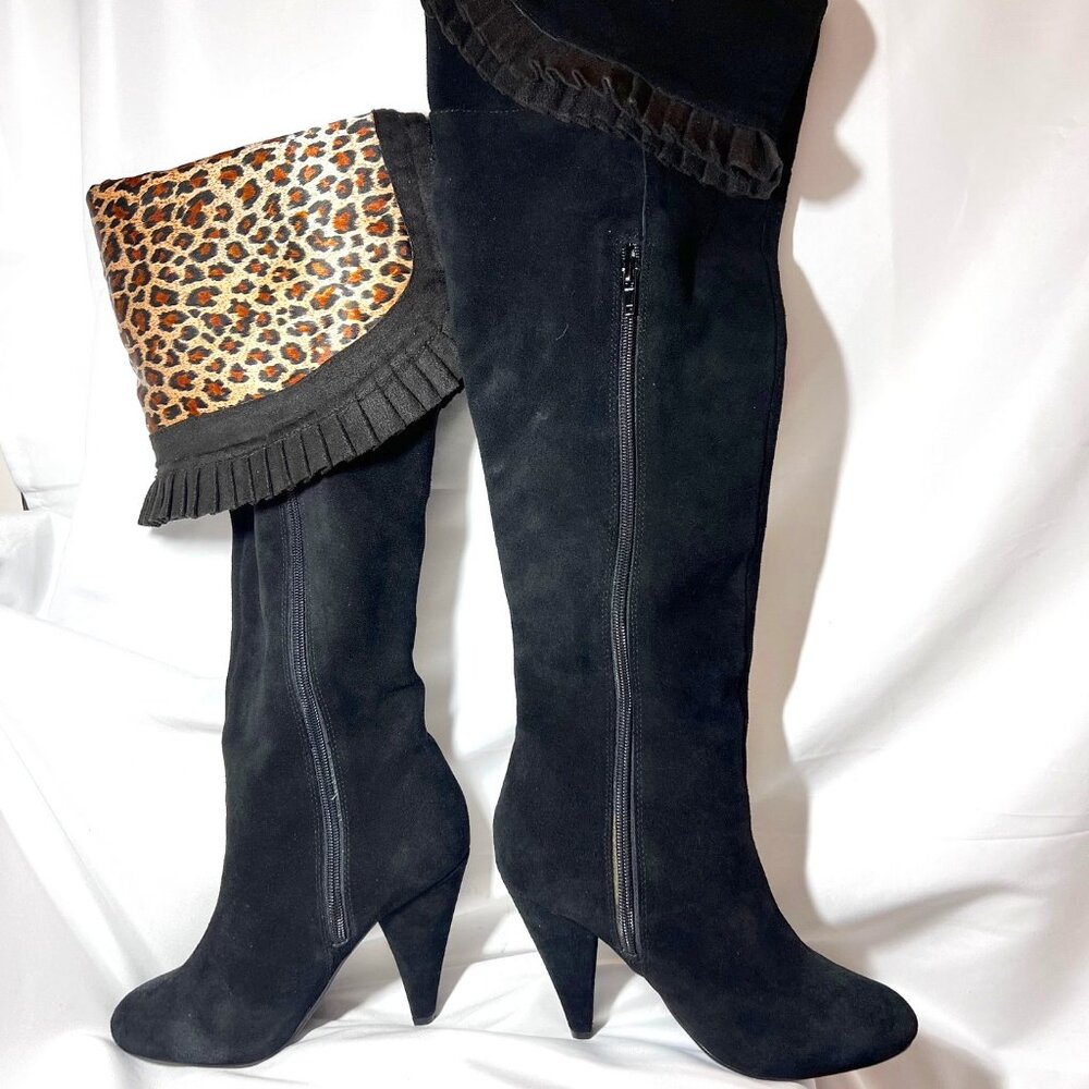 Hot In Hollywood-Black Leather Over Knee 4" Heels-Cheetah Print Inside-Ruffle-6M - Picture 1 of 16